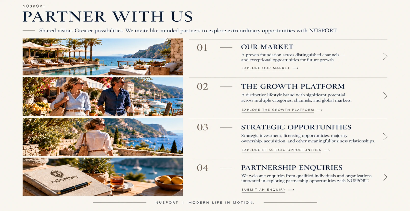 Partner With Us — shared vision, greater possibilities. Four opportunities: Our Market, The Growth Platform, Strategic Opportunities, and Partnership Enquiries.